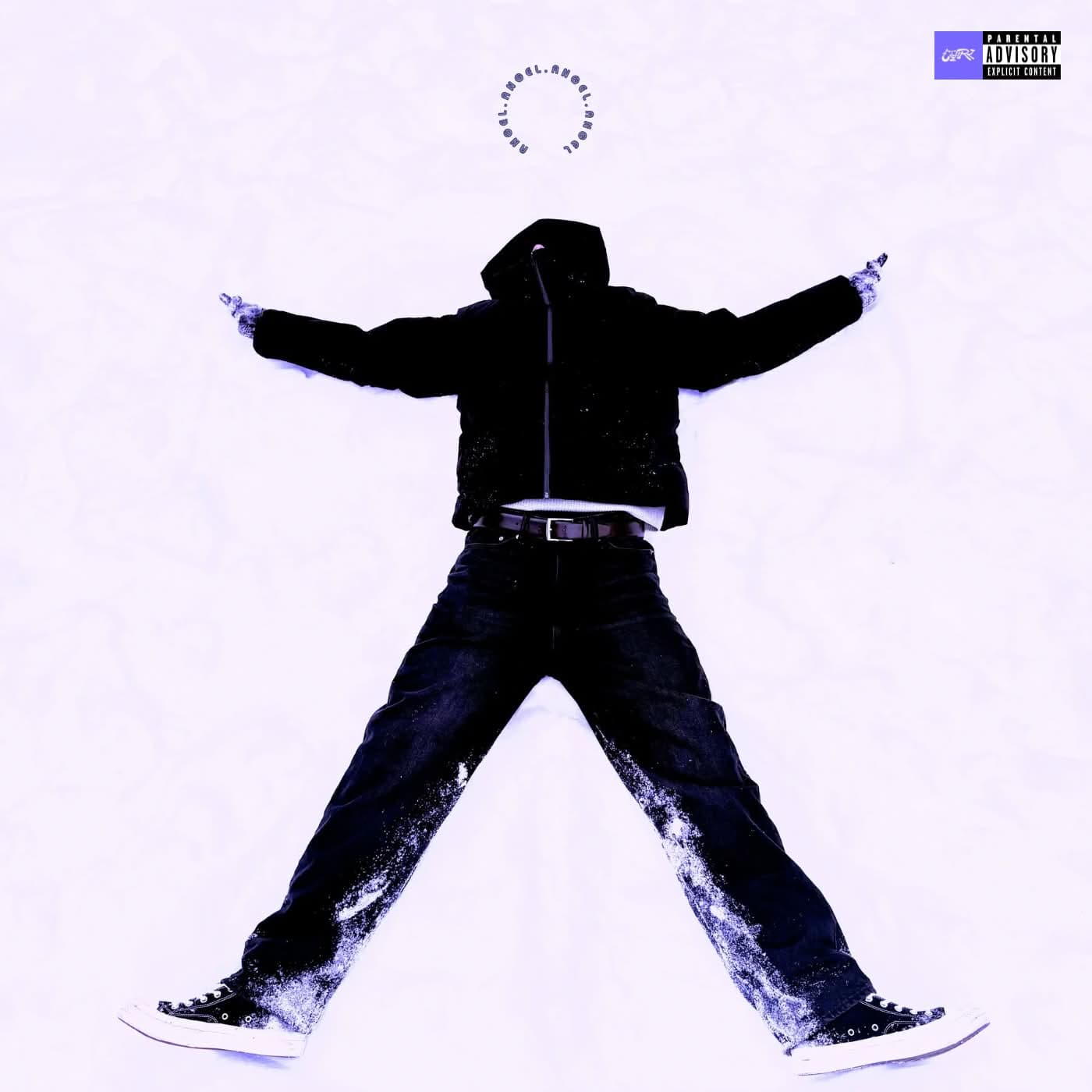 lowerkase j with arms outstretched in pale lavender snow.